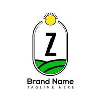 Agriculture Template On Z Letter. Farmland Logo, Agro Farm, Eco farm logo design with sun icon Concept vector
