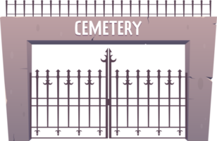 Entrance to the cemetery, steel and stone gates in cartoon style png