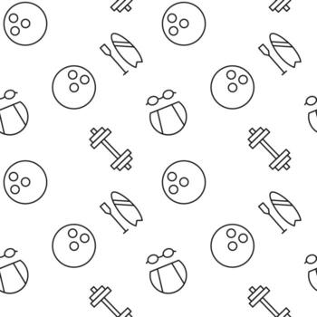 Monochrome vector seamless pattern of bowling, dumbbell, kayak for web sites and polygraphy
