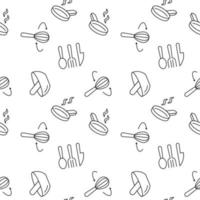 Seamless vector repeating pattern of mortar and pestle, mixer, frying pan, kitchen utensil. It can be used for web sites, apps, clothes, covers, banners etc