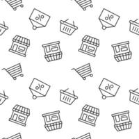 Monochrome vector seamless pattern of shopping basket, store, signboard with sale for web sites and polygraphy