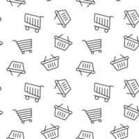 Monochrome vector seamless pattern of basket and trolley for shopping for web sites and polygraphy