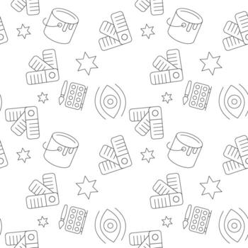 Vector seamless pattern of dye, color palette, stars, eye is made of various element