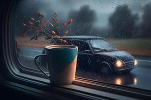 a cup of tea in front of car window. photo