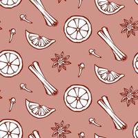 Hand drawn Cinnamon, carnation, anise and orange background. Mulled wine or bakery ingredients and Spices seamless pattern. Vector kitchen background for menu design, textile, fabric, wrapping paper