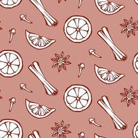 Hand drawn Cinnamon, carnation, anise and orange background. Mulled wine or bakery ingredients and Spices seamless pattern. Vector kitchen background for menu design, textile, fabric, wrapping paper