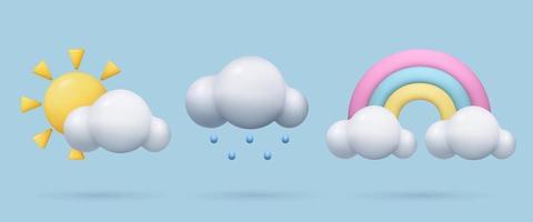 3d weather Icons set Sun, Clouds, Rainbow and rain on blue sky background.. Realistic three dimensional cartoon plastic weather icon. Cute baby design element in pastel pink, blue and yellow colors. vector