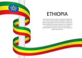 Waving ribbon on pole with flag of Ethiopia. Template for indepe vector