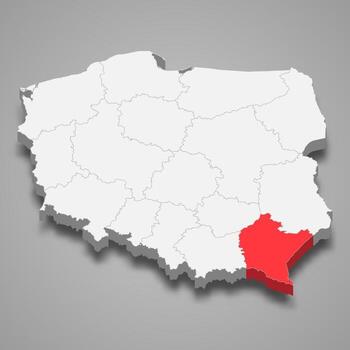 Subcarpathia region location within Poland 3d map vector