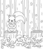 Cute lovely cartoon squirrel in the woods vector funny black and white illustration for coloring art