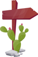 Wooden directional sign boards with desert rocks and plants in cartoon style png