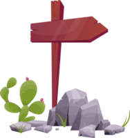 Wooden directional sign boards with desert rocks and plants in cartoon style png