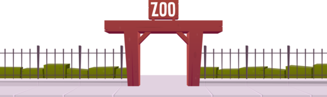 Zoo entrance with steel fence and wooden gate png