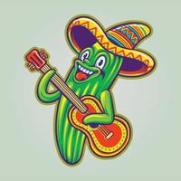 Mexican cactus guitar sombrero hat cinco de mayo logo cartoon illustrations vector