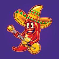 Cute chilli pepper sombrero hat mexican guitar cinco de mayo logo cartoon illustrations vector