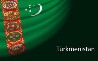 Wave flag of Turkmenistan on dark background. Banner or ribbon v vector