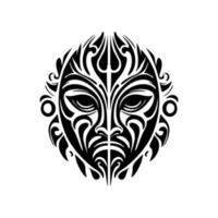 Vector tattoo sketch of a Polynesian god mask, black and white.