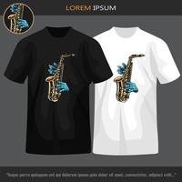 Zombie hand playing saxophone isolated on black t-shirt. vector