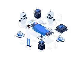 Nursing assistants supported by robotics technology, contributing to the efficiency and effectiveness of healthcare services. Artificial intelligence in healthcare isometric illustration. vector