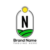 Agriculture Template On N Letter. Farmland Logo, Agro Farm, Eco farm logo design with sun icon Concept vector