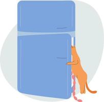 The cat has opened the fridge and is trying to get sausages out of the fridge. vector