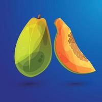 Whole papaya and slice. Summer exotic fruit in cartoon style. UX UI. vector