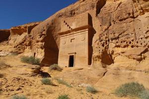 Beautiful daytime view of Al Hegra, Madain Saleh archaeological site in Al Ula, Saudi Arabia. photo