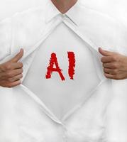 Man opens his shirt to reveal AI - Artificial Intelligence - written on it photo