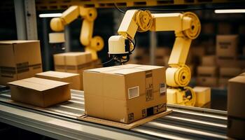 Robotic Arms working with Carton boxes on Conveyor belt in Warehouse for product storage and logistics, photo