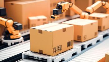 Robotic Arms working with Carton boxes on Conveyor belt in Warehouse for product storage and logistics, photo