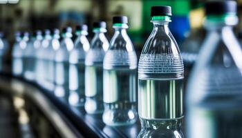 Line of bottling beverages in plastic bottles on clean light factory, photo