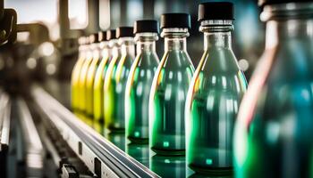 Line of bottling beverages in plastic bottles on clean light factory, photo