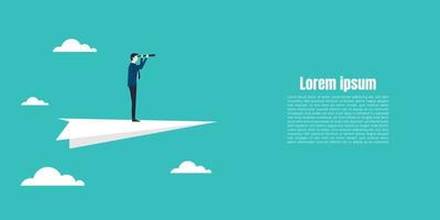 Businessman stand on paperplane looking towards goal, plan, action. vector