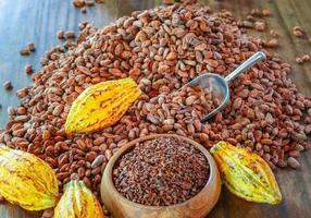 Los nibs de cacao son granos de cacao que se han molido en frío o se han molido a bajas temperaturas para formar pequeños granos de cacao orgánicos amargos. foto