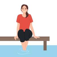 contento mujer sentado en muelle cerca agua disfrutar verano vacaciones. sonriente niña relajante en puente en río disfrutando Días festivos vector