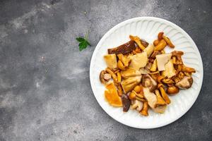 mushroom salad mix appetizer white mushroom, boletus mushroom, chanterelle mushroom, ready to eat healthy meal food snack on the table copy space food background rustic top view photo