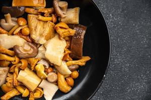 mushroom salad mix appetizer white mushroom, boletus mushroom, chanterelle mushroom, ready to eat healthy meal food snack on the table copy space food background rustic top view photo