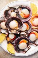 fresh scallop shell seafood meal snack on the table copy space food background rustic top view photo