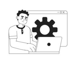 Web developer job black and white concept vector spot illustration. Editable 2D flat monochrome cartoon character for web design. Man working on laptop creative line art idea for website, mobile, blog