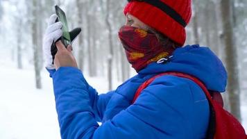 ensam turist flicka gående på en vinter- snötäckt barr- skog i de berg. frostig väder. långsam rörelse video