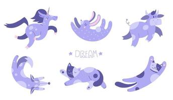 Flat cartoon vector illustrations set with cute unicorn, cats and rabbit, hand drawn style.