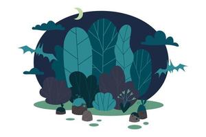 Nature scene forest and trees at night, cartoon style. Halloween background with bats and moon. vector