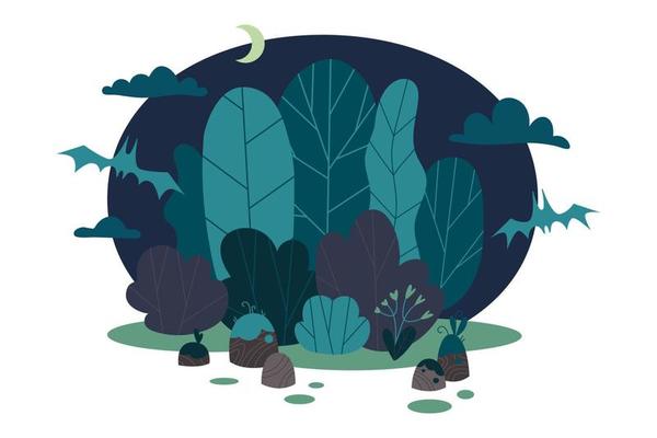 Nature scene forest and trees at night, cartoon style. Halloween background with bats and moon.
