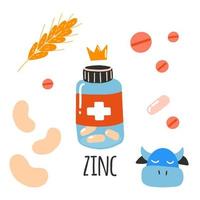 Zinc. Jar with pills, beans, wheat, beef, vitamins. Flat cartoon vector illustration