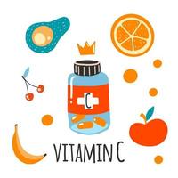Vitamin C. Jar with pills, apple, avocado, cherry, orange, banana. Flat cartoon vector illustration