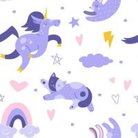 Seamless pattern with unicorn, cat, rainbow and rabbit. vector