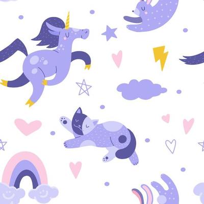 Seamless pattern with unicorn, cat, rainbow and rabbit.