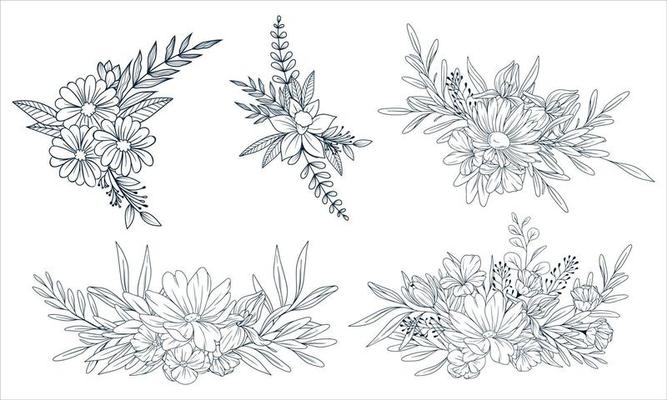 Vector Flower hand drawn bouquets. Big bundle of floral frames. Linear style set of hand drawn contour illustration of flowers isolated on a white background.