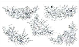 Vector hand drawn bouquets. Big bundle of floral frames. Linear style set of hand drawn contour illustration of flowers isolated on a white background.