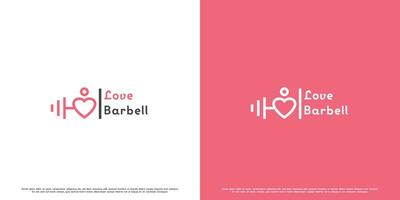 Dumbbell barbell love logo design illustration. Half barbell dumbbell heart line creative idea. Female gym fitness sport design. Simple modern exercise silhouette. vector